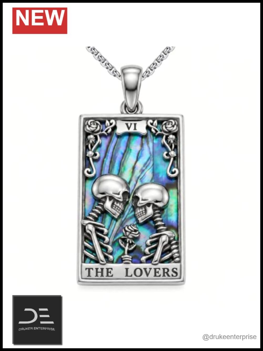 925 Sterling Silver Tarot Card Necklace Abalone Shell Skeleton Lover Pendant